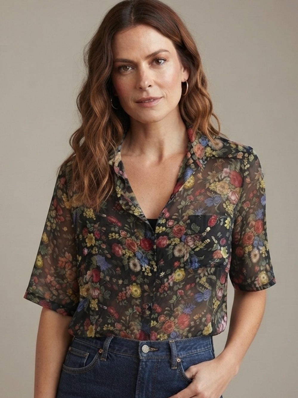 Shan Sz M Sheer Floral Cottagecore Button Front Short Sleeves Relaxed Blouse